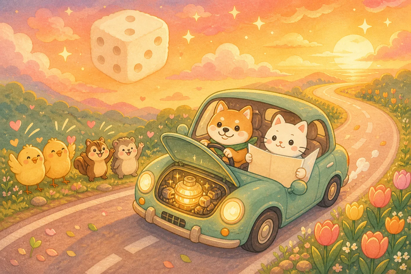 エンジンを積んだ車で走り出す柴犬と猫のイラスト