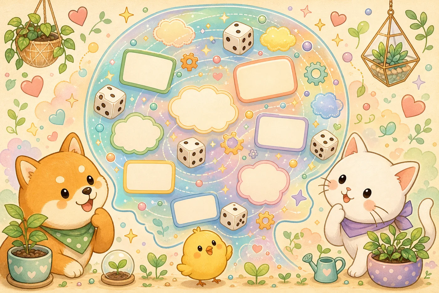 AIの頭の中をのぞきこむ柴犬と猫のイラスト