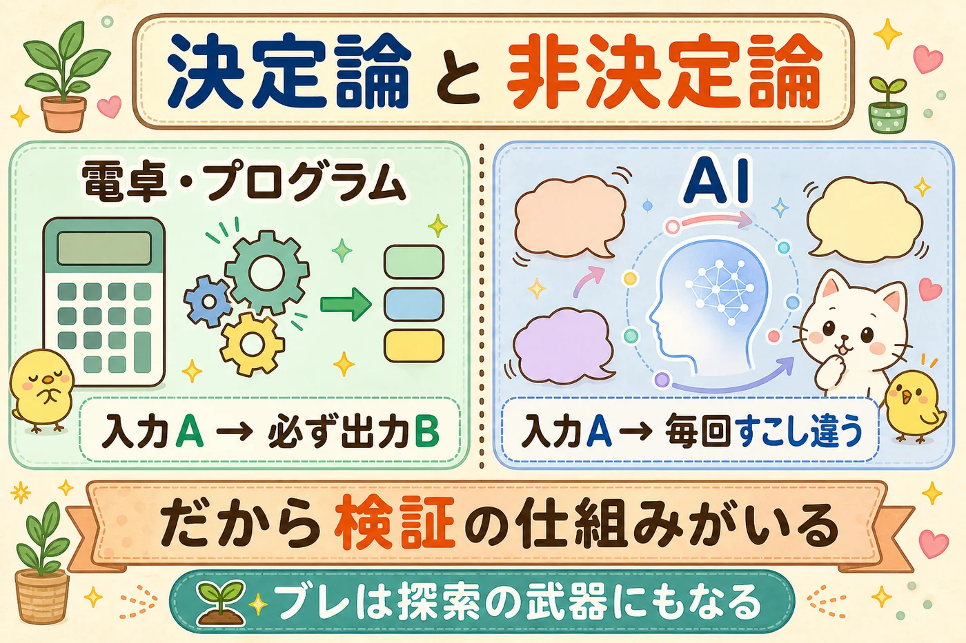 同じ入力に必ず同じ出力を返す電卓と、毎回少し違う答えを返すAIを対比した図解