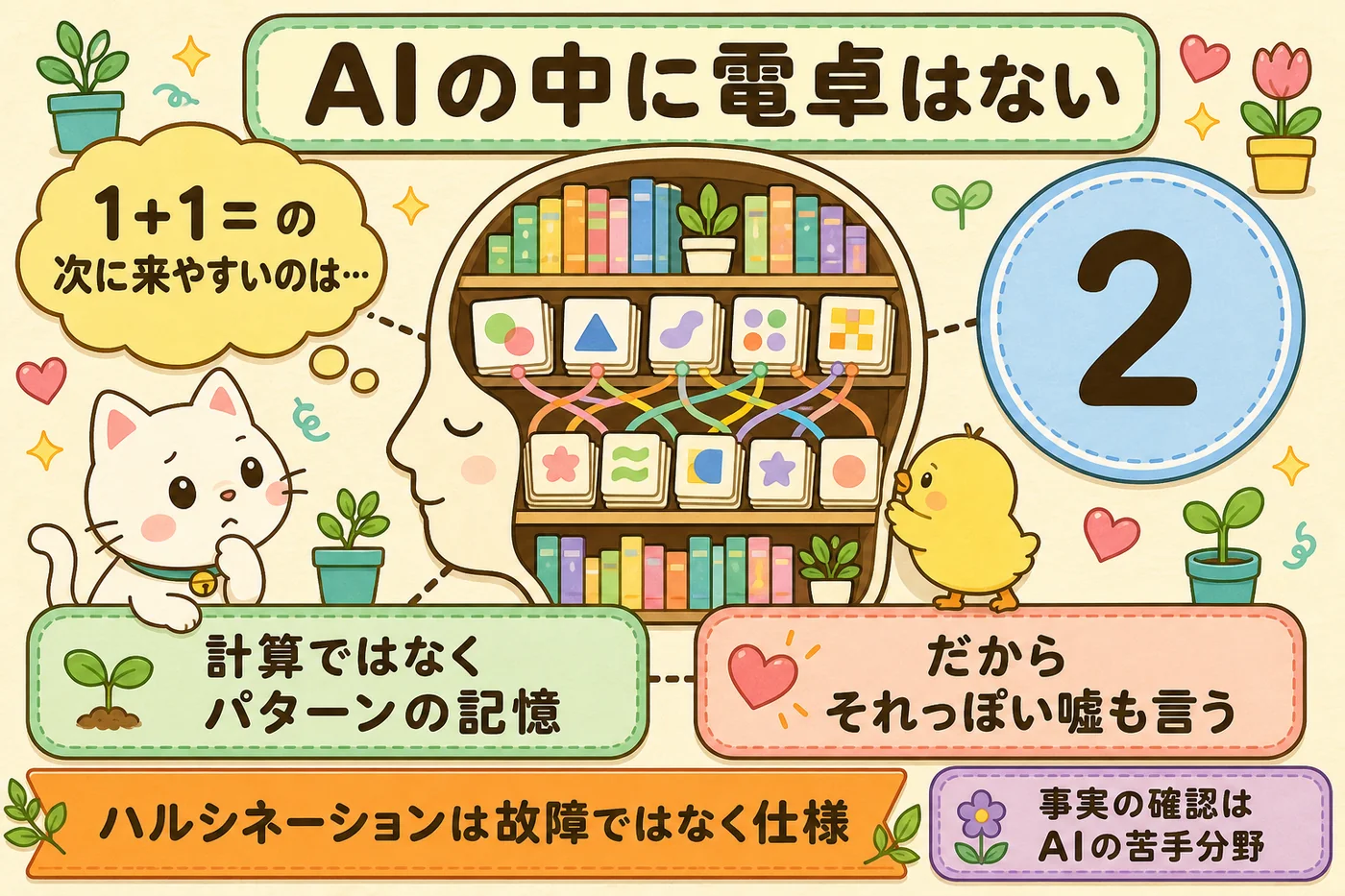 「1+1=」の次に「2」が来る確率が高いだけで、AIの中に電卓はないことを示した図解