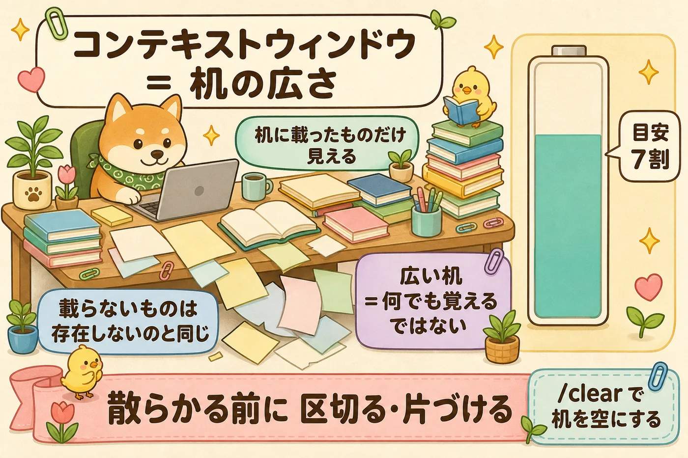 机に載ったものだけが見え、載らないものは存在しないのと同じ、というコンテキストウィンドウの比喩の図解