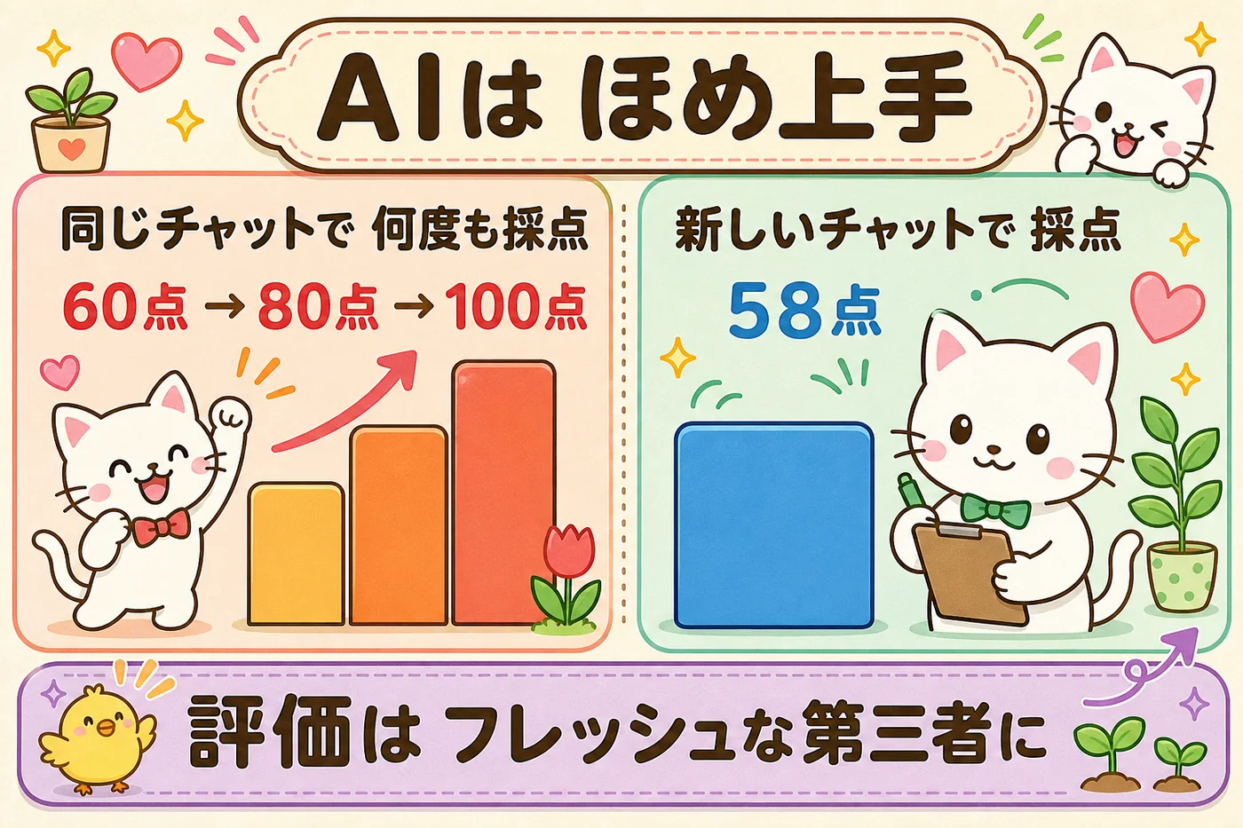 同じチャットでは60点から100点まで上がった採点が、新しいチャットでは58点になった迎合性の実演を示す図解