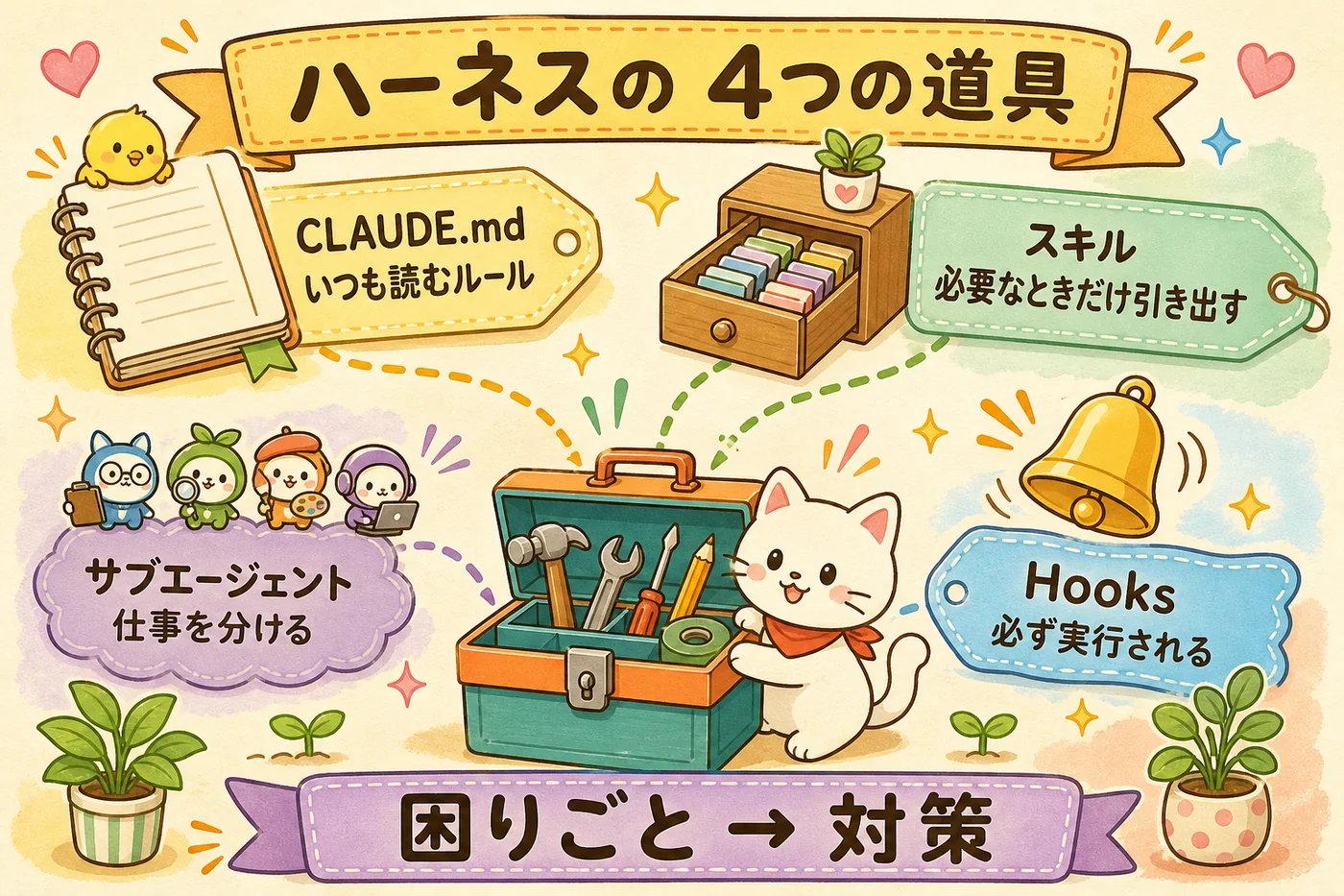 CLAUDE.md・スキル・Hooks・サブエージェントの4つの道具を、それぞれどの困りごとへの対策かとともに並べた図解