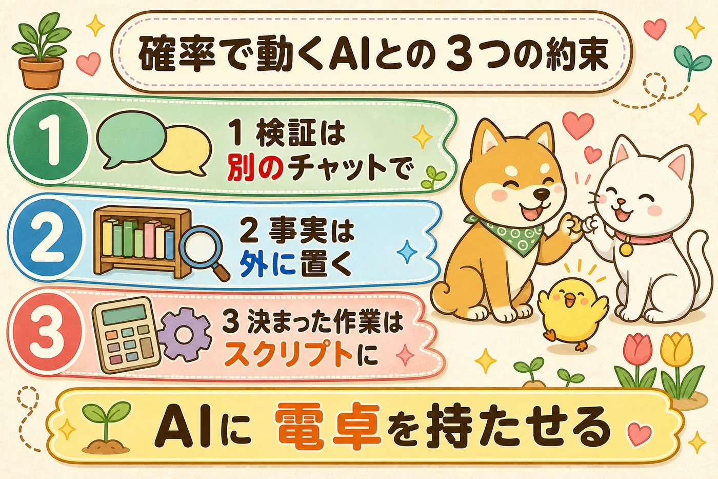 検証は別のチャットで・事実は外に置く・決まった作業はスクリプトとHooksに、という3つの約束を並べた図解